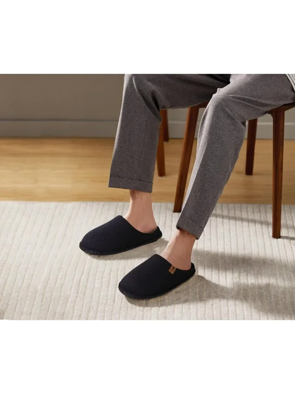 Men's Black Cushion Memory Foam Shake Fleece Faux Fur Lining House Slipper Shoes